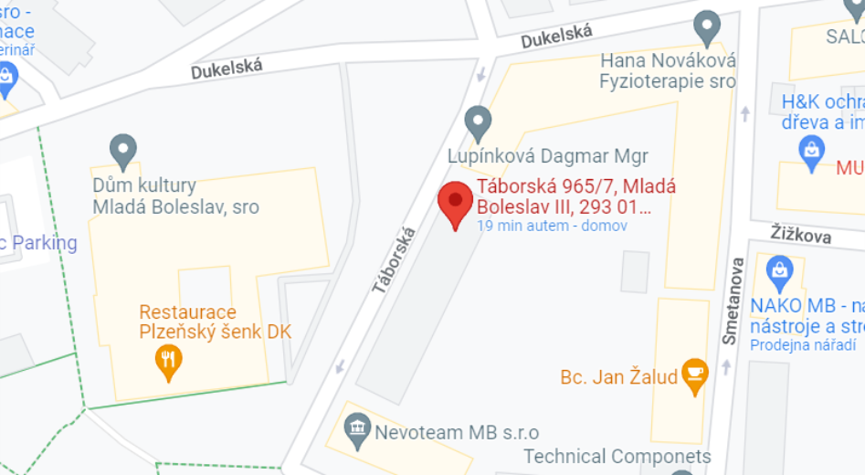 <p>Táborská 965 / 7, Mladá Boleslav 293 01</p>